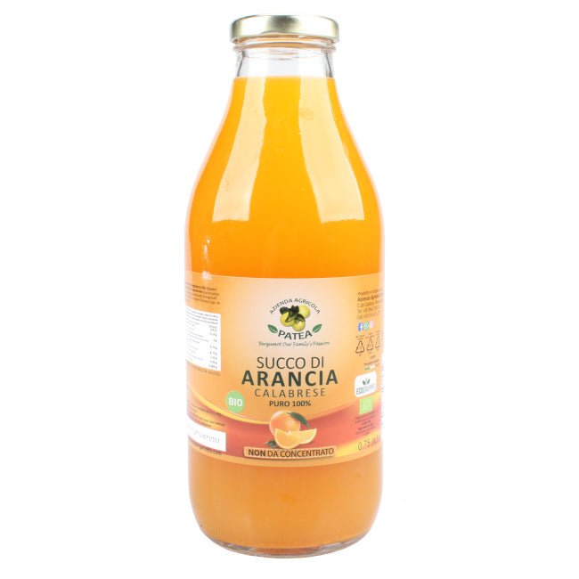 Succo di arancia calabrese biologico 100% puro non da concentrato in bottiglia di vetro. Patea