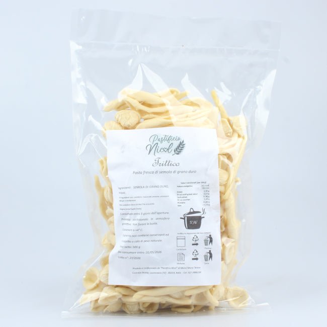 Trittico di pasta fresca artigianale: selezione di formati tipici prodotti a Laurenzana. Pasta Fresca Lucana